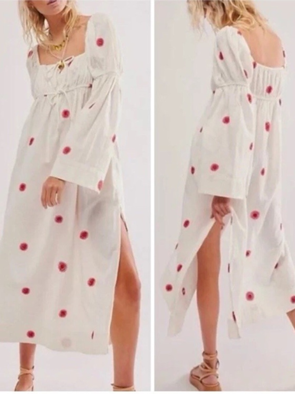 Free People Emory Babydoll Fairy Dress Small Embroidered White/Red